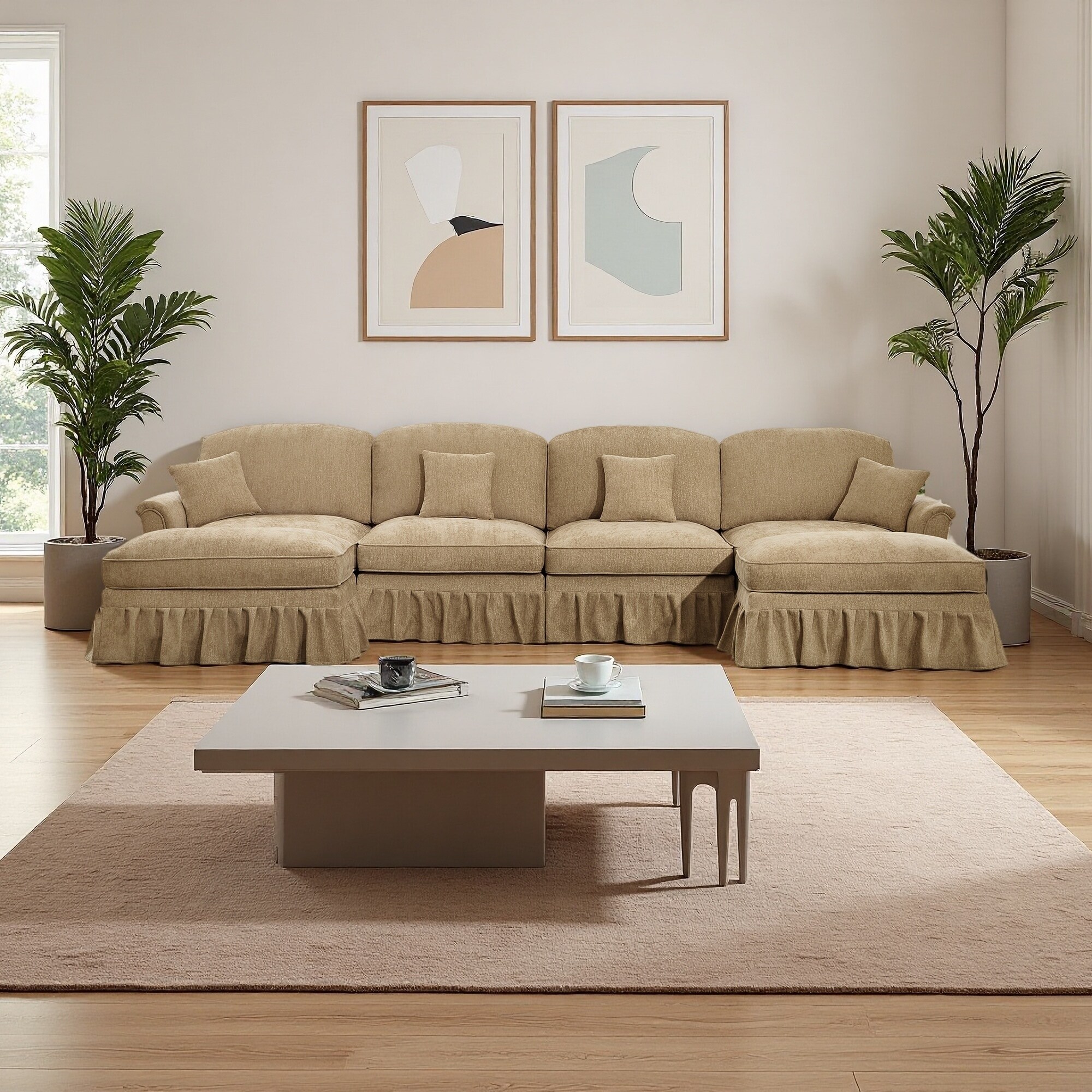 137.8" Chenille U-Shaped Modular Sectional Sofa with Flared Arms, Removable Skirt and Movable Ottomans (4-Seater)