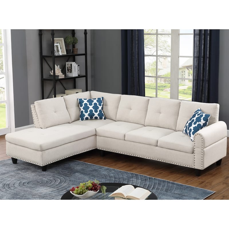 Modern Built-in Cup-holders Console Linen Sectional Sofa with 2 Pillows