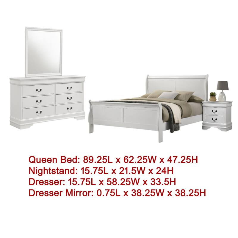 Nim 4pc Queen Bedroom Set, Sleigh Panel Design, White Okume Veneer