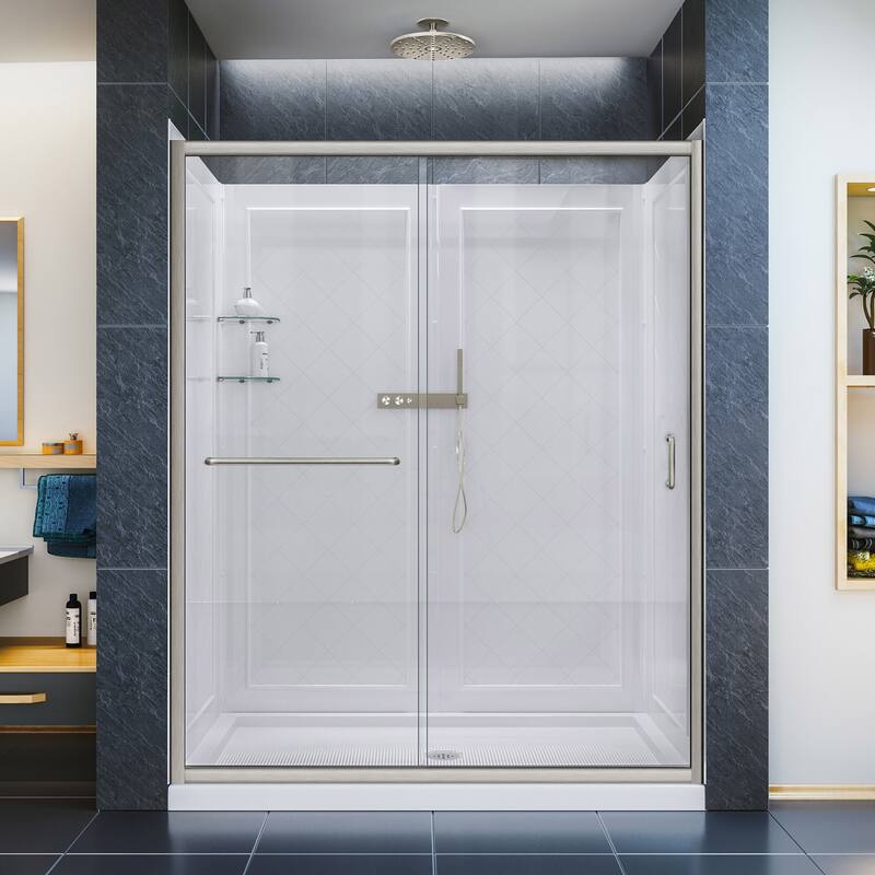 DreamLine Infinity-Z 32 in. D x 60 in. W x 76 3/4 in. H Sliding Shower Door, Shower Base and Backwall Kit - 32" x 60" - Brushed Nickel Finish Center Drain