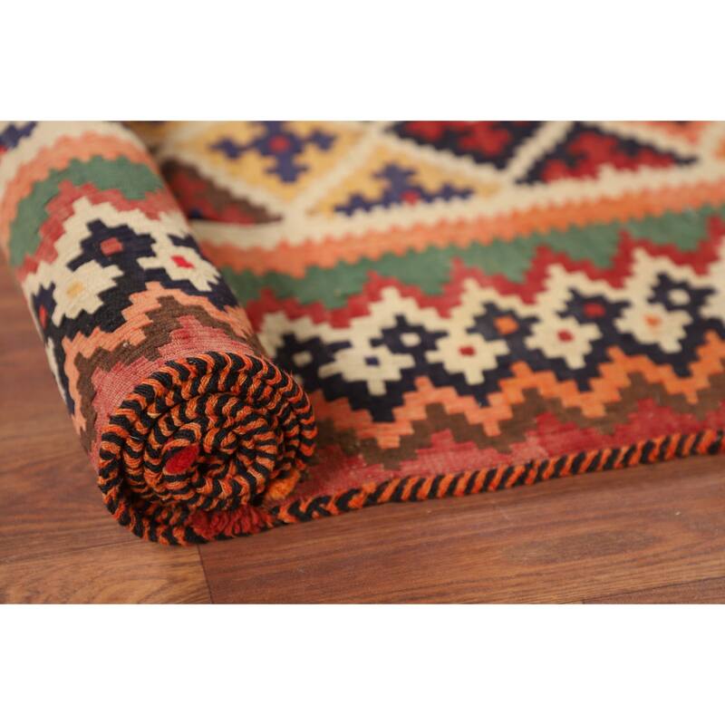 Orange Kilim Qashqai Persian Vintage Rug Flatweave Wool Carpet - 5'5"x 8'5"