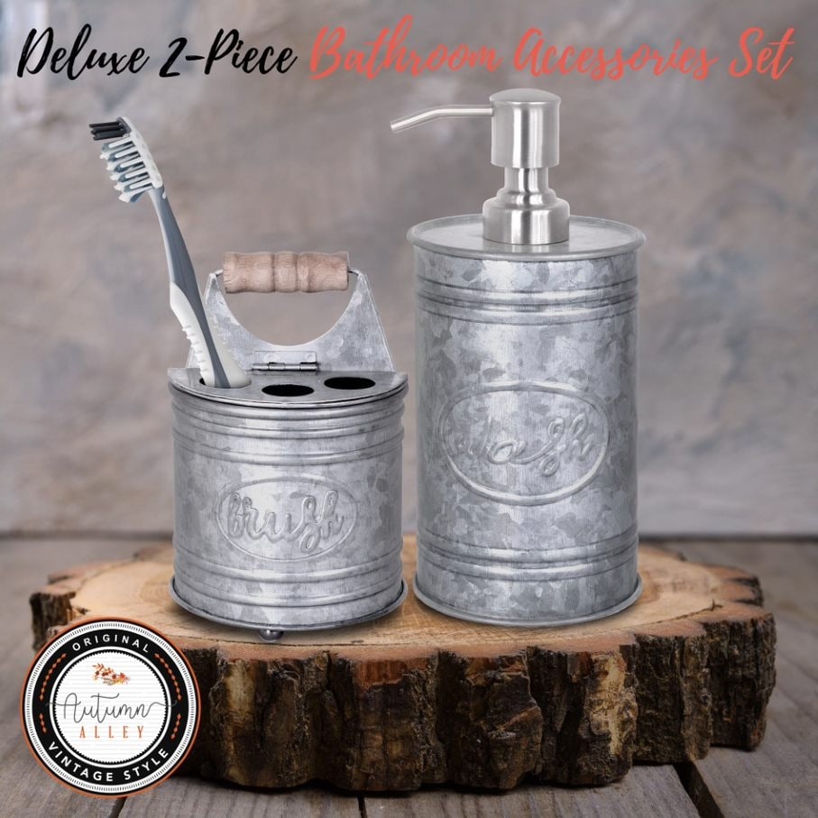 Autumn Alley Bathroom Accessories Set 4 - Galvanized Farmhouse Soap Dispenser, Toothbrush Holder, 2 Apothecary Jars - Galvanized Gray