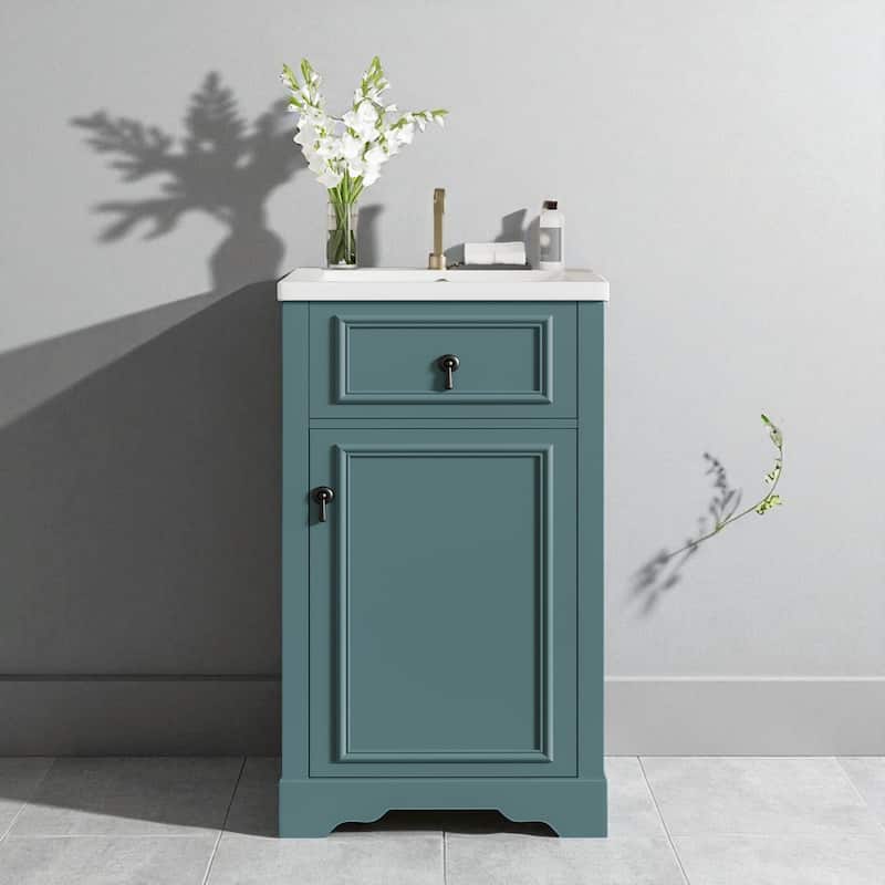 20" Bathroom Vanity with Ceramic Sink, Soft-Close Door, Adjustable Shelf, and Door-Mounted Storage Rack for Small Bathrooms - Green