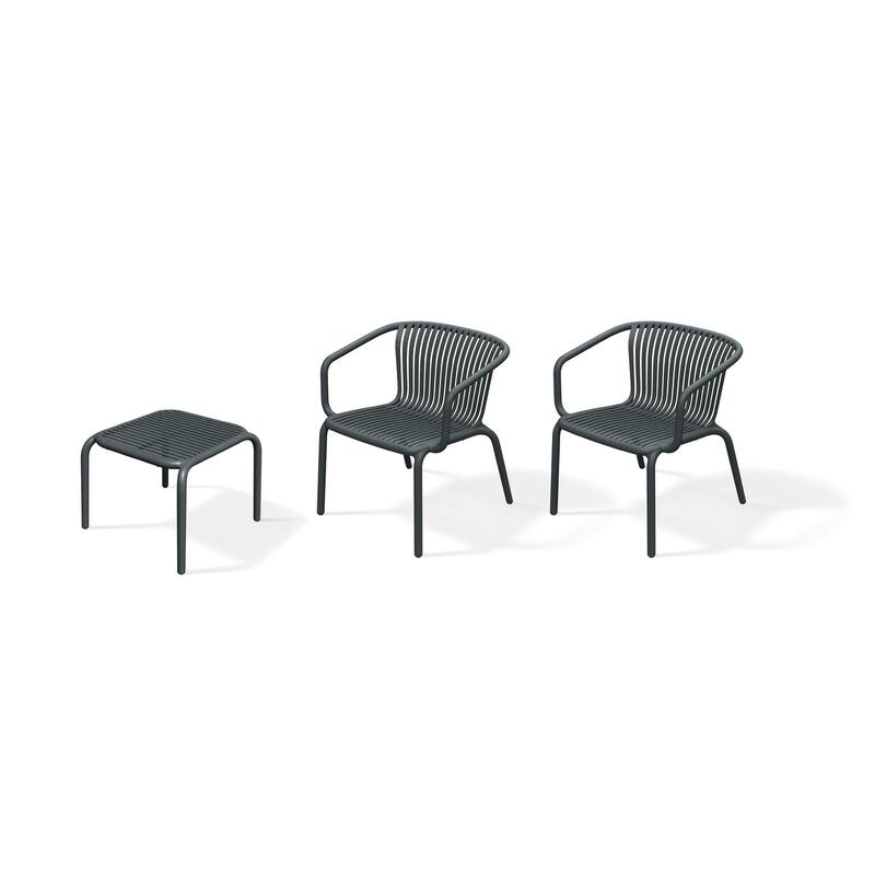 Brene 3-Piece Contract Grade Outdoor Chat Set with side table and 2 stackable lounge chairs. - Charcoal