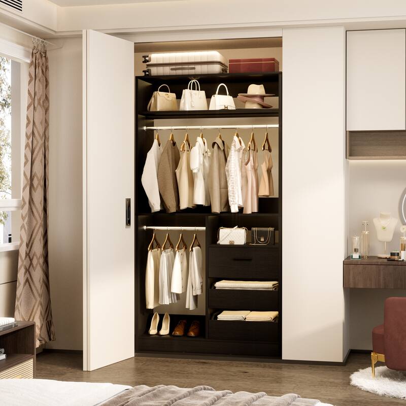 36'' W Freestanding Walk-in Closet Organizer System with 2 Hanging Rods and 3 Wood Drawers