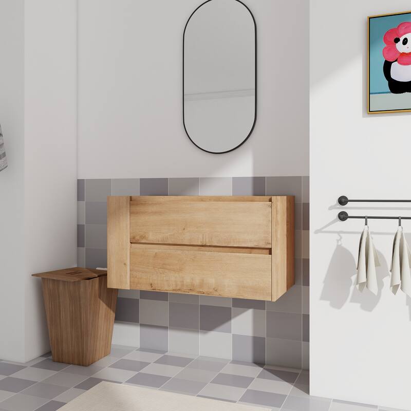 36" Wall-Mounted Bathroom Vanity, Double Soft-Close Drawers, Adjustable Side Rack, 45° Bevelled Invisible Handle