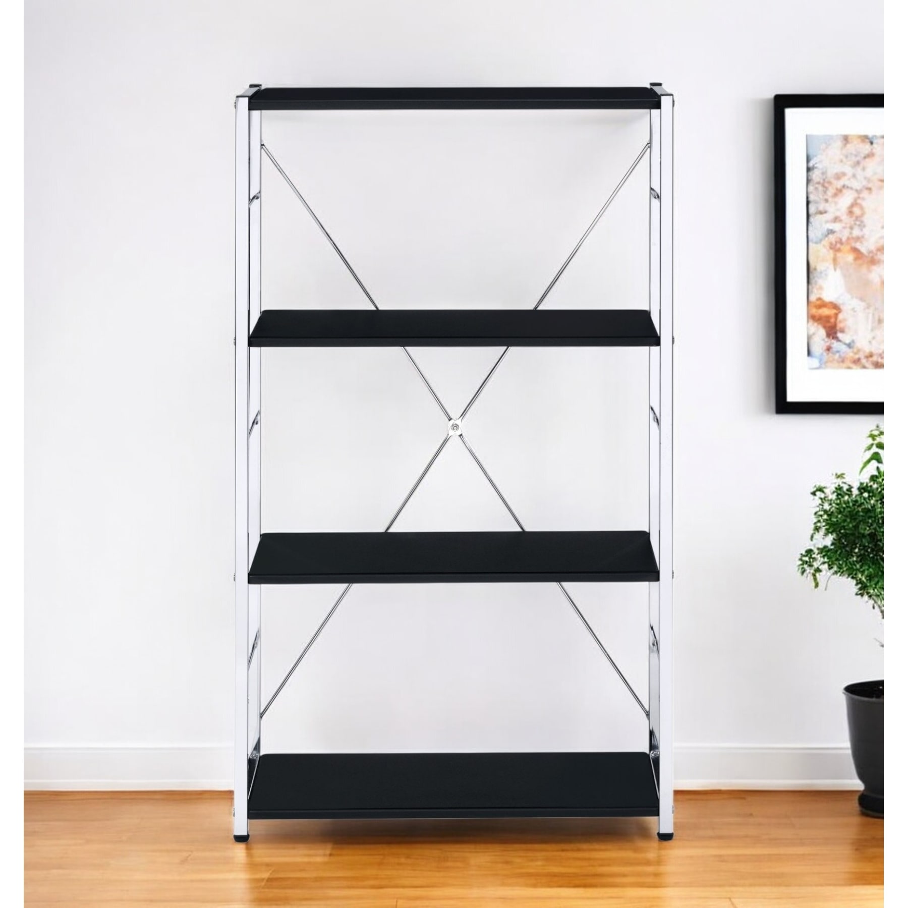 HomeRoots 42" Black And Silver Metal and Wood Four Tier Etagere Bookcase
