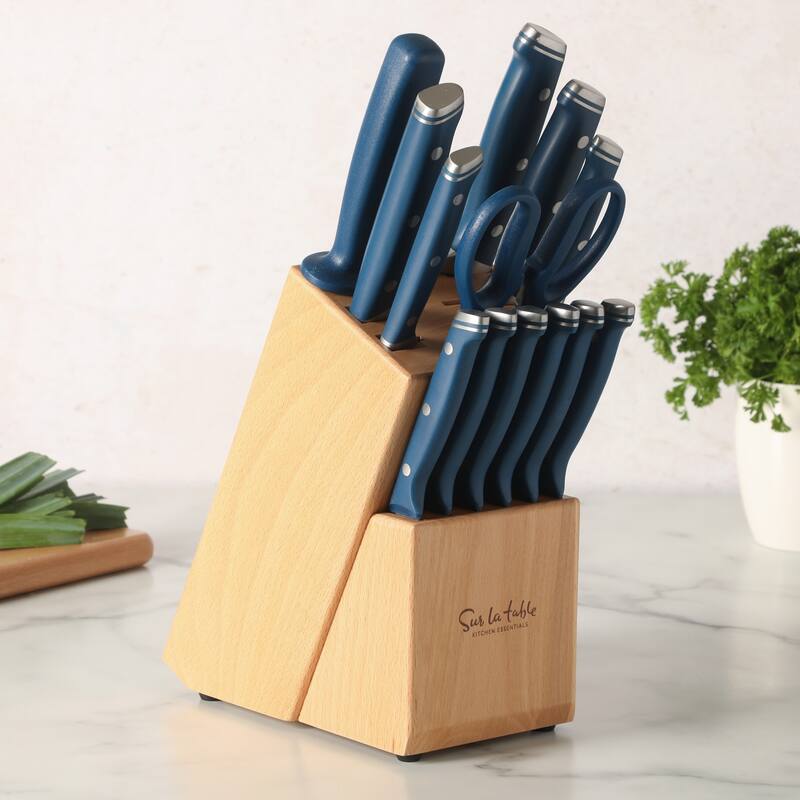 Sur La Table Kitchen Essentials 14 Piece Cutlery Set, German Steel Forged Knives, Beech Wood Block