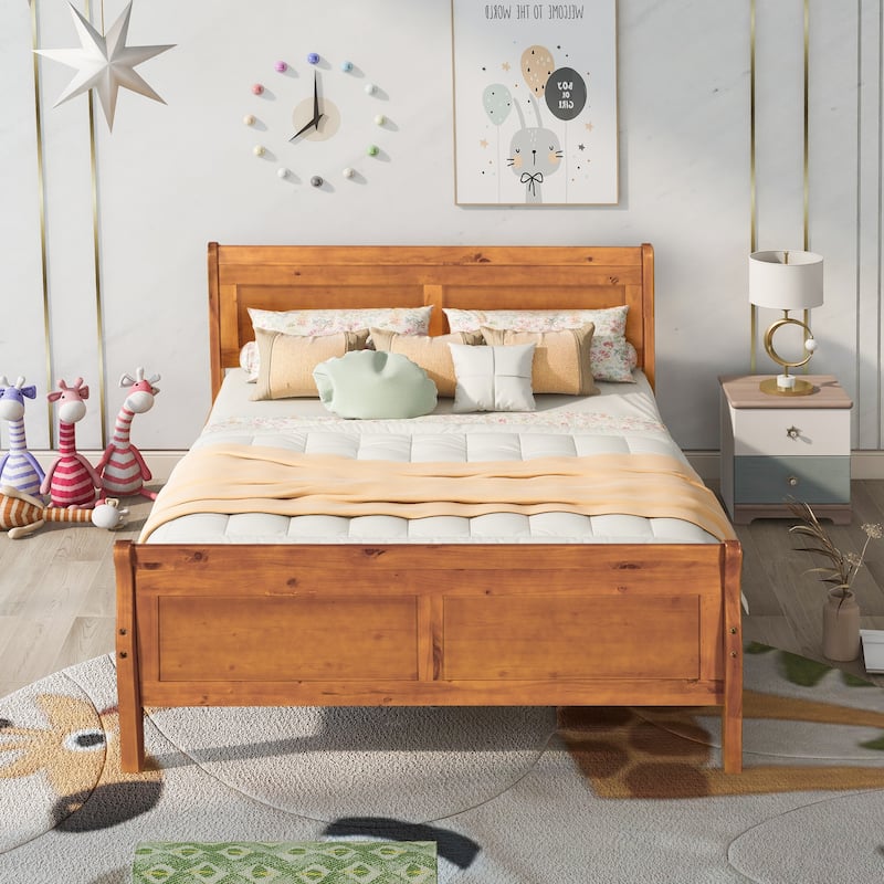 Full Size Wood Platform Bed with Headboard and Wooden Slat Support, White - Oak