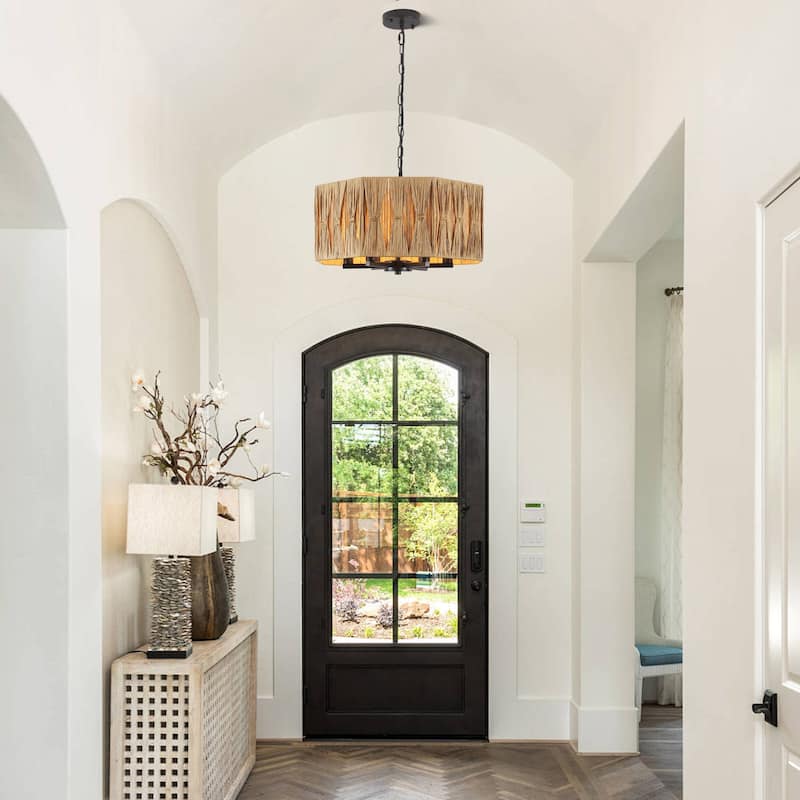 18.89-inch Hawaiian-style 6-light metal chandelier with imitation raffia lampshades and adjustable height