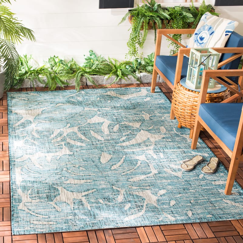 SAFAVIEH Courtyard Zuleyha Indoor/ Outdoor Waterproof Patio Backyard Rug - 4' x 5'7" - Grey/Aqua