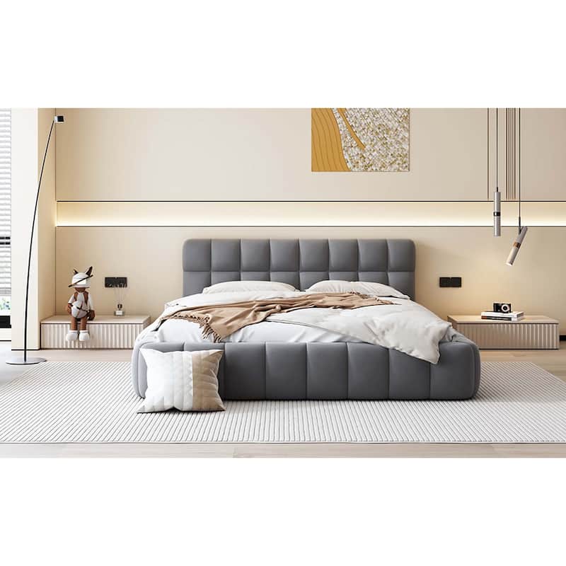 Queen Size Soid Wood Platform Bed with Thick Fabric