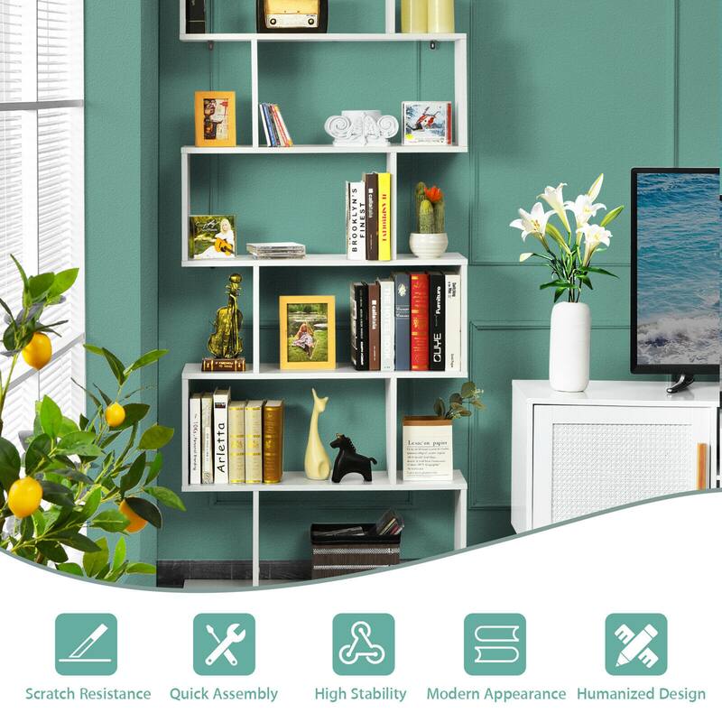 Gymax 6 Tier S-Shaped Bookshelf Storage Display Bookcase Decor Z-Shelf - 31.5'' x 9'' x 75''