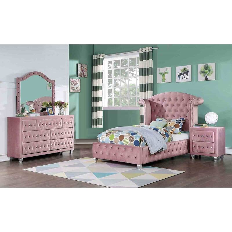 Glam Pink Upholstered 4Pc Bedroom Furniture Set with Crystal Button Tufting - Twin