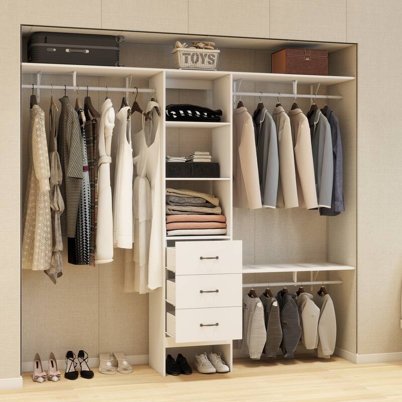 96" White Walk-In Closet System: 3 Shelves, 3 Rods, 3 Drawers,, Organizer