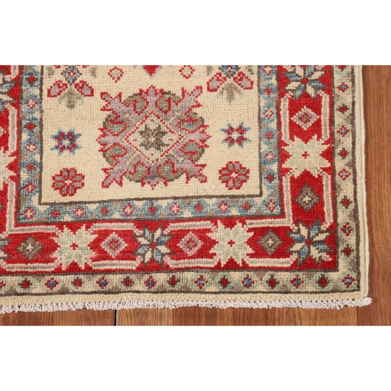 Geometric Kazak Oriental Runner Rug Handmade Beige Wool Carpet - 2'0" x 5'9"
