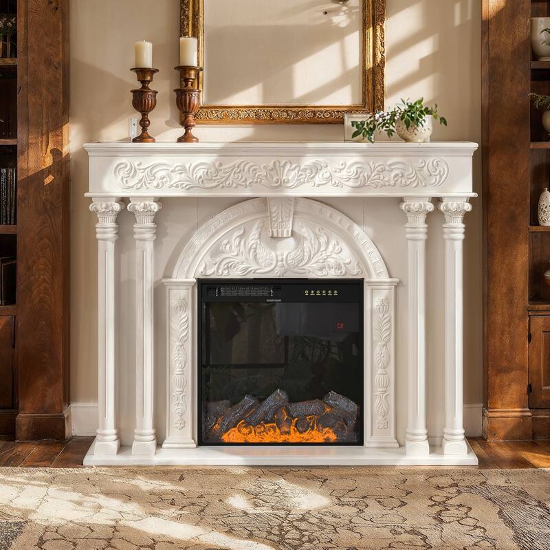 Solid Wood Electric Fireplace TV Stand with 12-Color LED Flame, White Wood Cabinet with Roman Columns, 1500W Heater