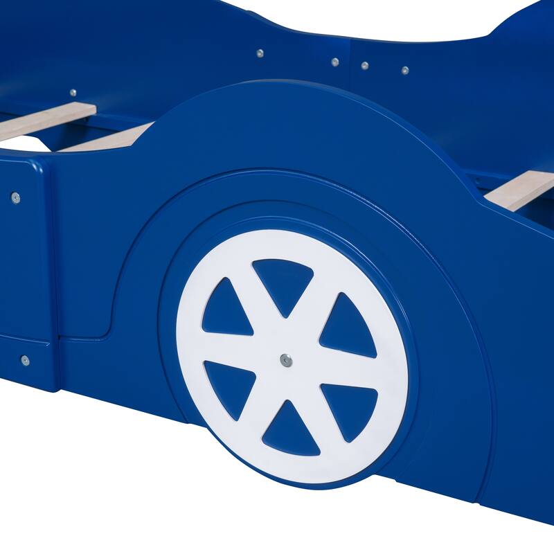 Full Race Car Bed with Wheels, Safety Rails, and Durable Wood Frame