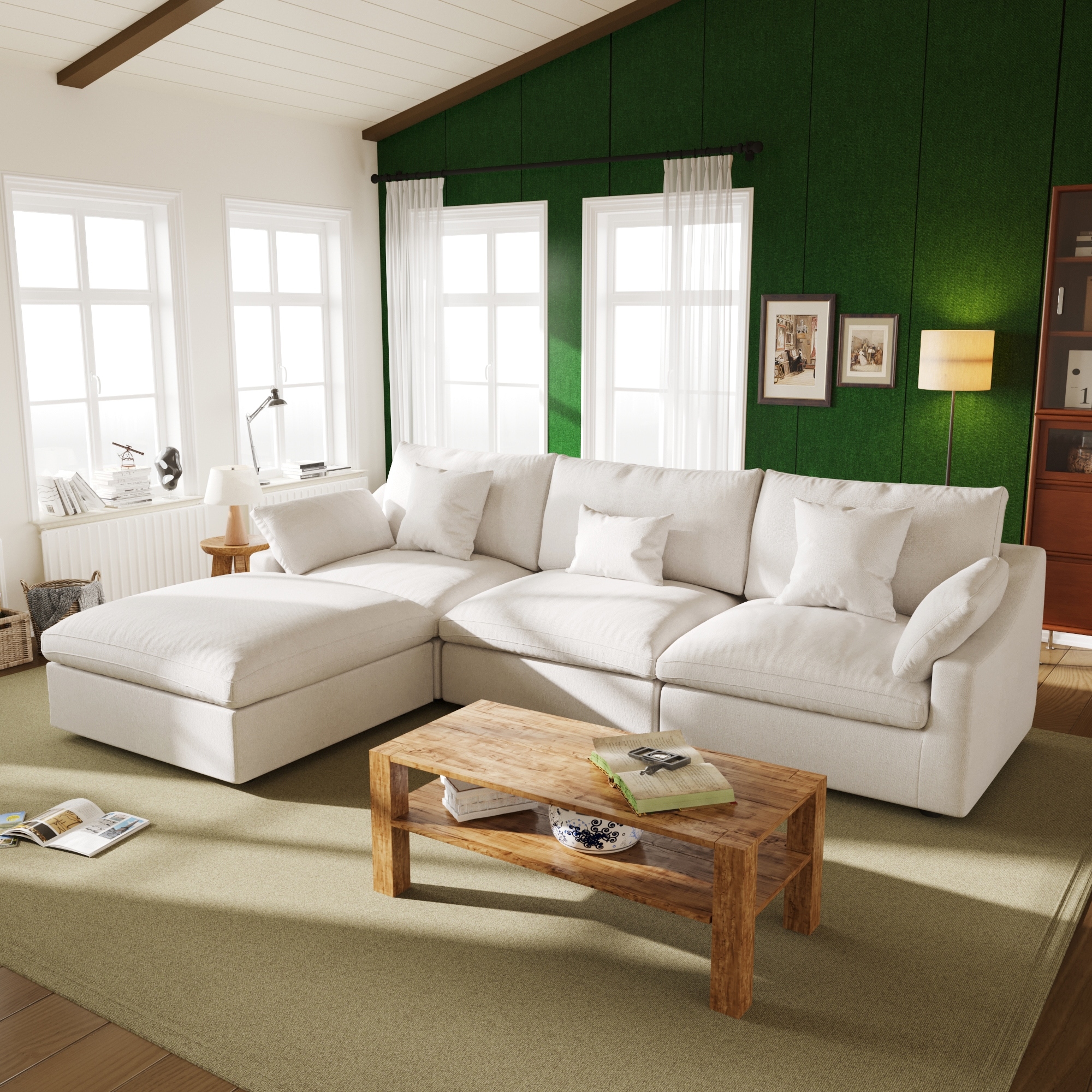 119'' L-shape Linen Fabric Upholstered Sectional Sofas with Ottoman