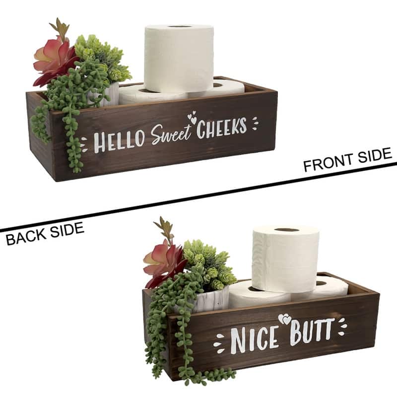 Hello Sweet Cheeks Wood Toilet Paper Holder, Farmhouse - Brown