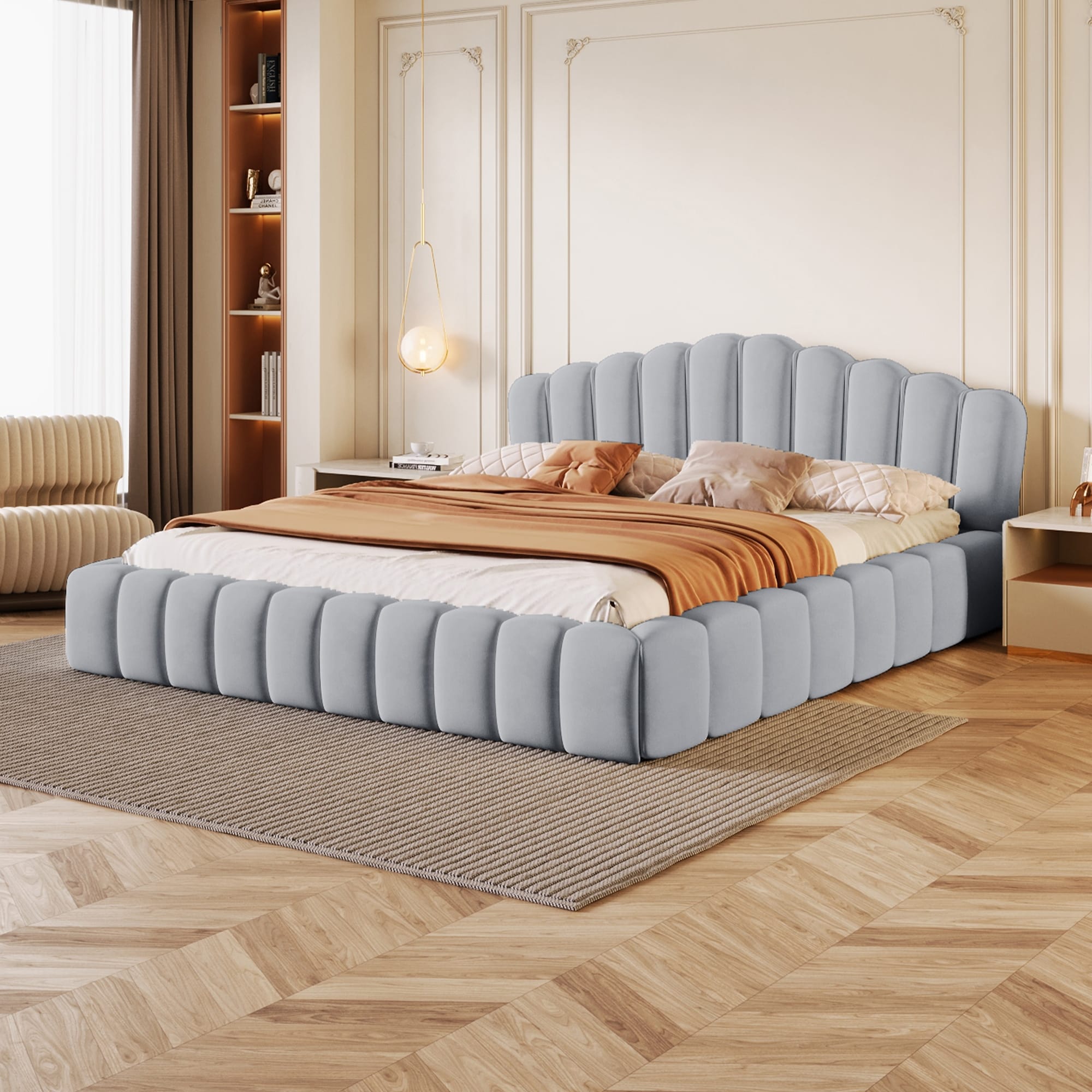 Queen Size Velvet Upholstered Floor Bed with Shell-Shaped