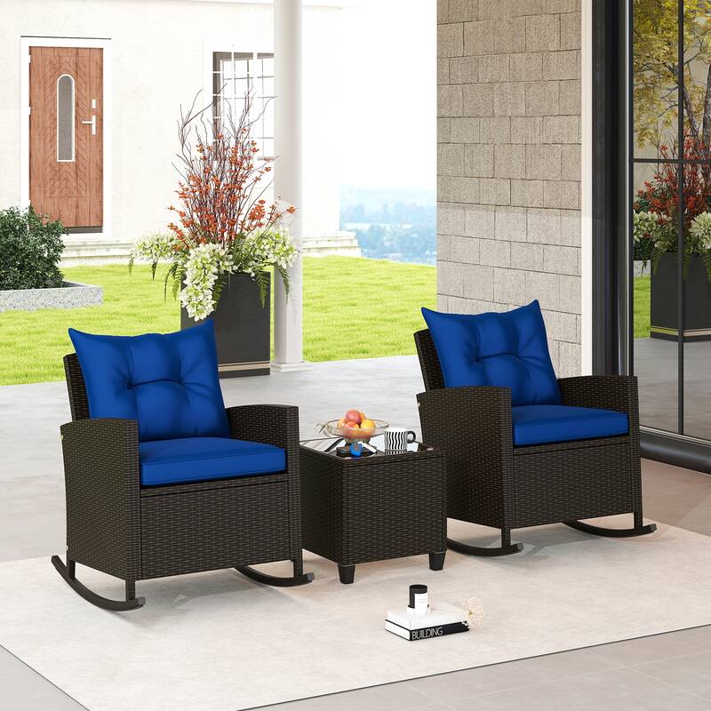 Gymax Set of 3 Wicker Rocking Set Patio w/ Tempered Glass Table & Soft