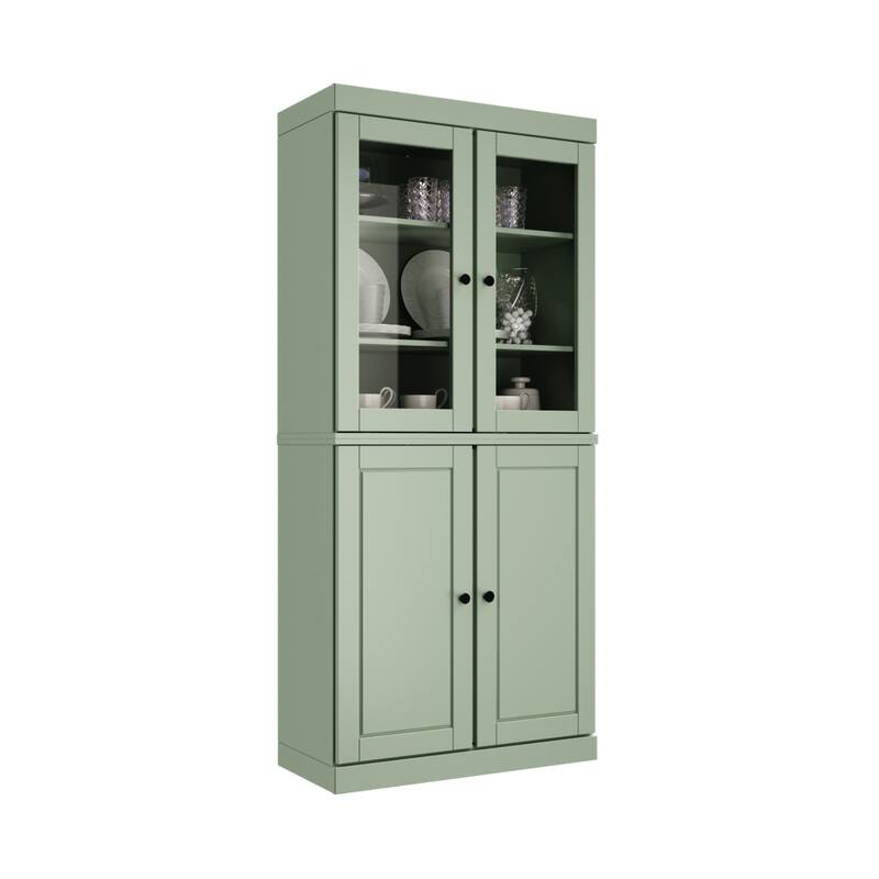 Palace Imports Solid Wood Pantry Cabinet, Raised Panel & Clear Glass Doors, 2 Drawers, Adjustable Shelves