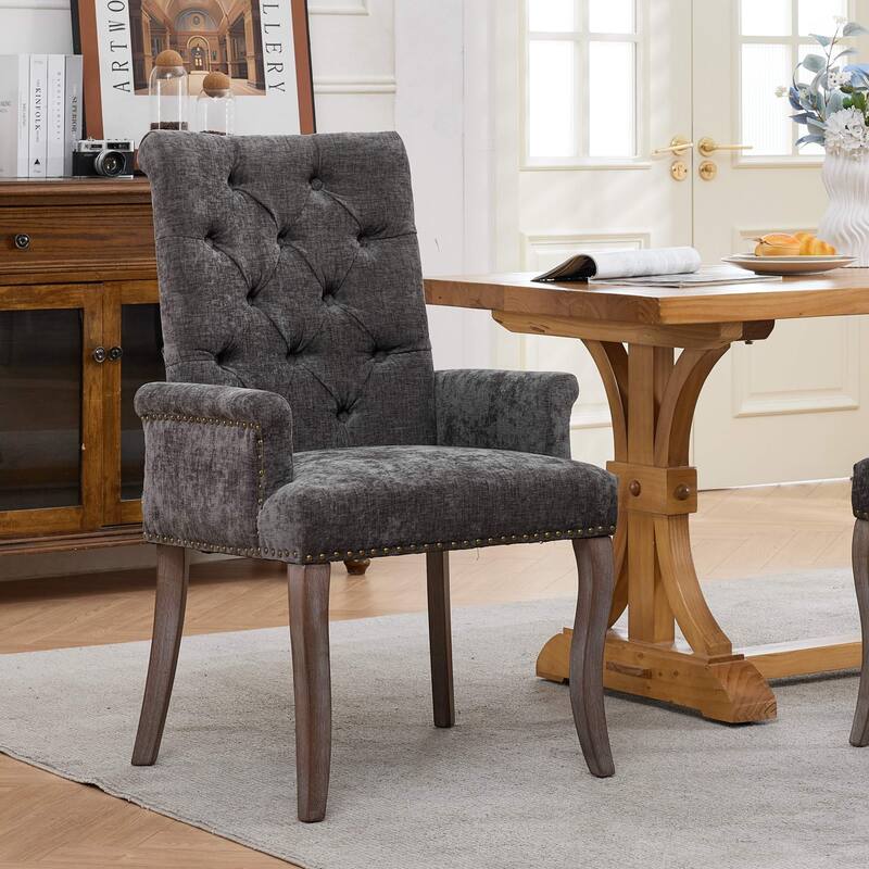 Upholstered Chenille Fabric Accent Dining Chair, Curved Solid Wood Legs, Elegant Tufted Club Dining Room Kitchen Room Arm