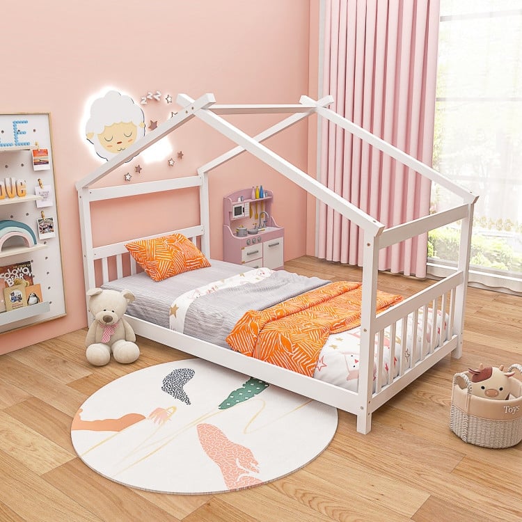 Twin House Bed Frame for Kids with Roof Design and Wood Slat Support