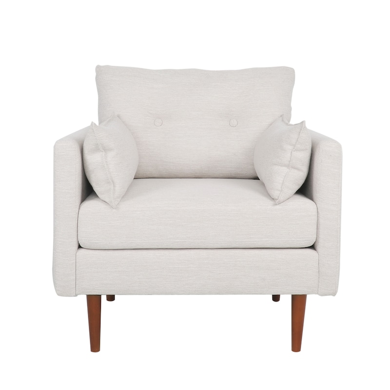 Roomfitters Upholstered Accent Chair with Button Tufted Back and Bolster Pillows, Mid-Century Armchair for Living Room, Beige