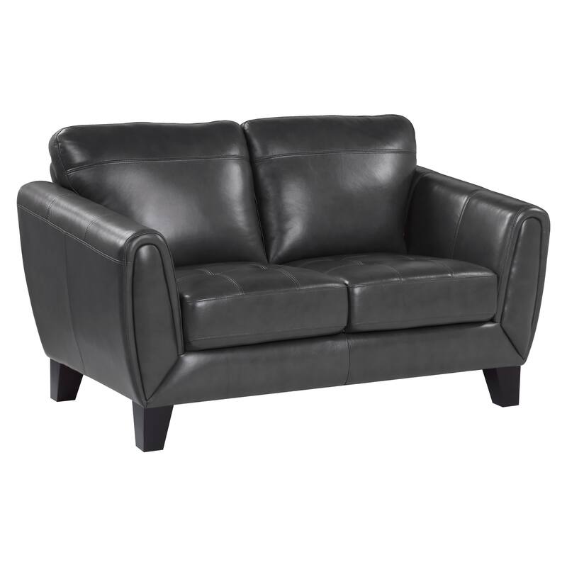 Sofy 61 Inch Loveseat, Dark Gray Top Grain and Faux Leather, Solid Wood
