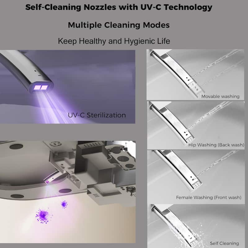 Elongated Smart Toilet with Built In Bidet. Tankless Design. Auto Open Close Seat. Foot Sensor. Warm Water Dryer