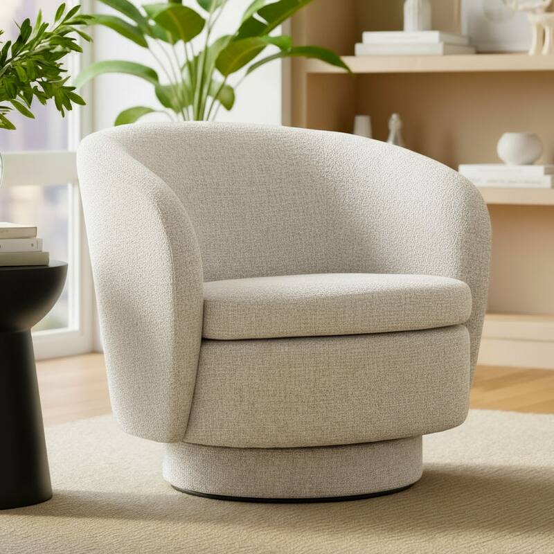 Upholstered 360° Swivel Barrel Chair with Curved Backrest - Beige