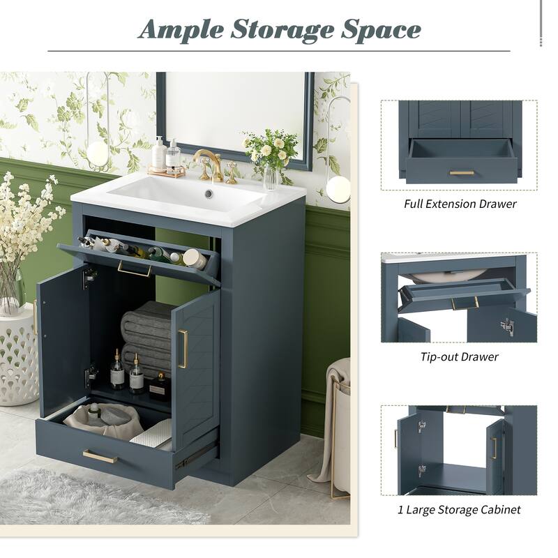 24'' Freestanding Bathroom Vanity with White Integrated Ceramic Sink - 24'' x 18.3'' x 34.5''