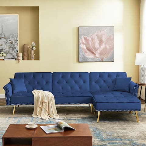 Modern Velvet Upholstered Reversible Sectional L-Shaped Sofa Bed with Movable Ottoman and Nailhead Trim Blue