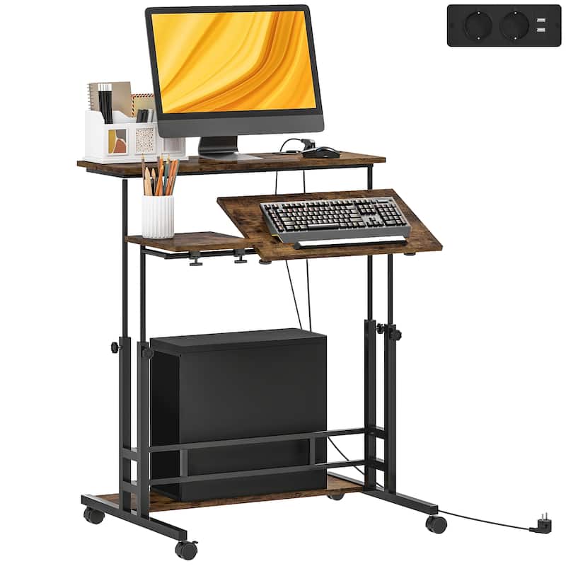 HOMCOM Height Adjustable Standing Desk with Power Outlets, Stand Up Desk with Tiltable Tabletop, Lockable Wheels, Bottom Shelf - brown