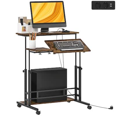 HOMCOM Height Adjustable Standing Desk with Power Outlets, Stand Up Desk with Tiltable Tabletop, Lockable Wheels, Bottom Shelf