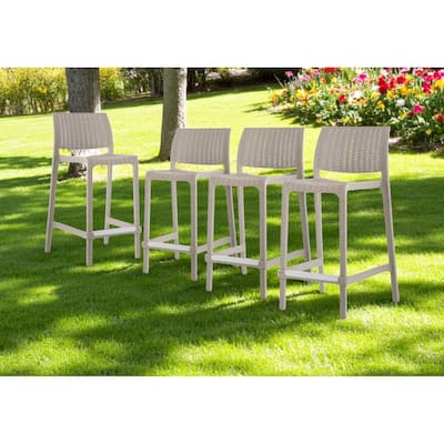 HomeRoots Set of Four 26" Taupe Faux Rattan Heavy Duty Plastic Low Back Outdoor Counter Height Bar Chairs
