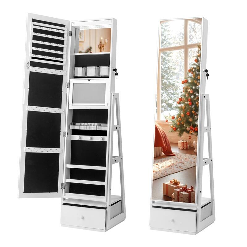 White Mirror Cabinet with 1 Door 1 Fabric Drawer 3 Shelves - White