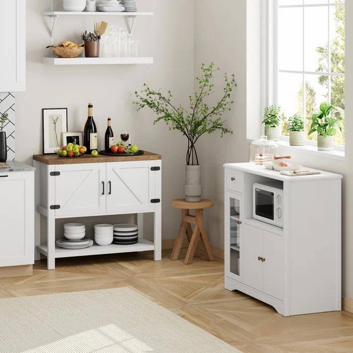 Farmhouse Coffee Bar Cabinet with Barn Doors and Shleves, Accent Foyer Console Table, Kitchen Buffet Sideboard, Sofa Table
