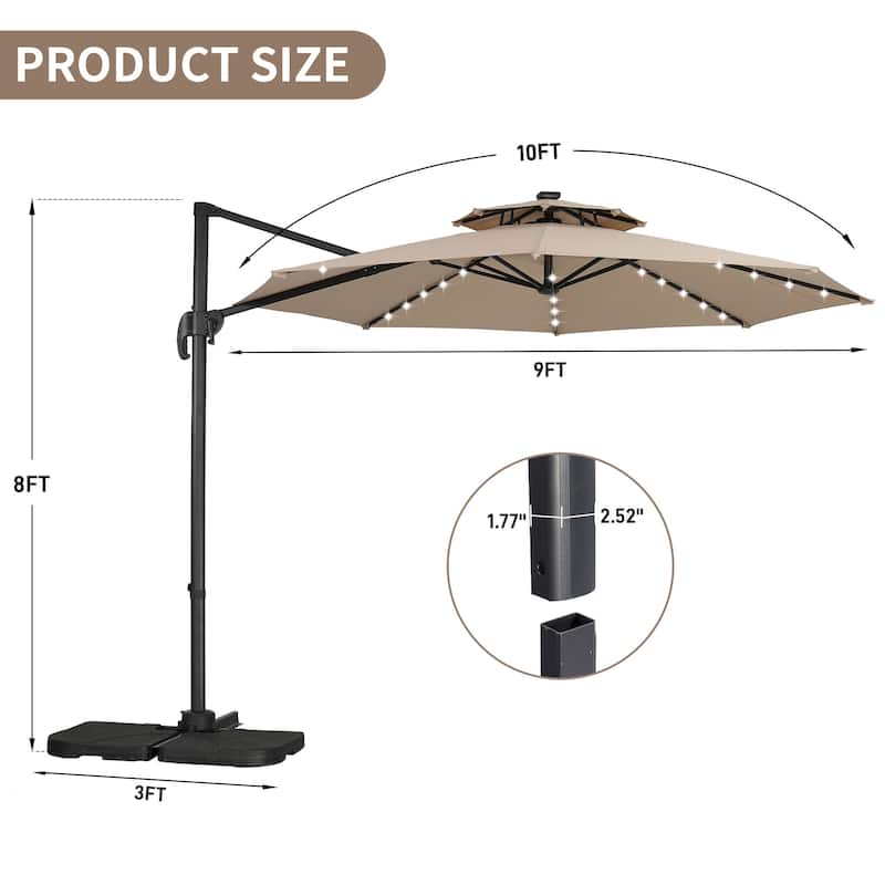 Autlaycil 10FT Cantilever Patio Umbrella with Solar Lights Included Base 360 Rotation Large Offset Hanging Outdoor Shade