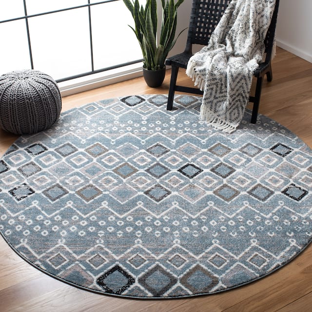 SAFAVIEH Amsterdam Bridget Moroccan Boho Rug - 5'1" x 5'1" Round - Blue/Ivory
