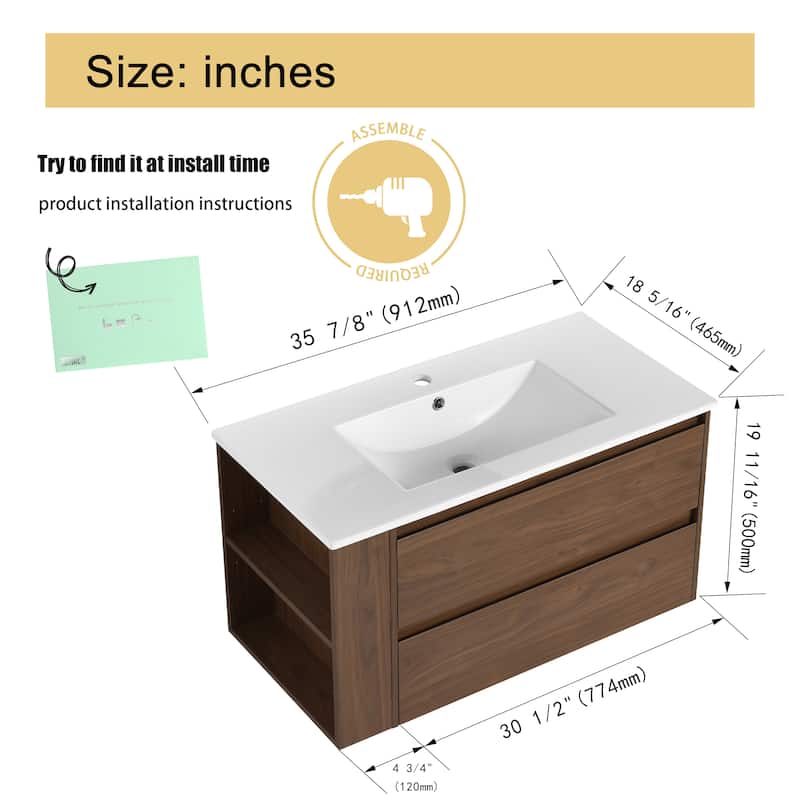 Malwee 30"/36" Floating Bathroom Vanity, Wall Mounted Bathroom Vanity with Sink,Soft Close Drawers and Side Adjustable Shelf