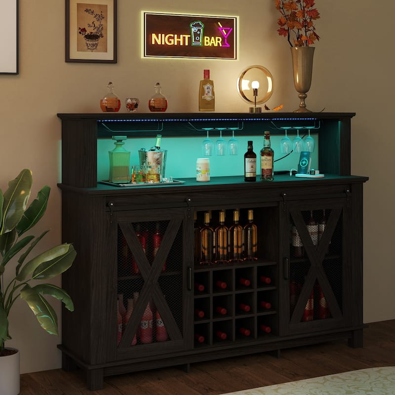 EROMMY Farmhouse Coffee Bar Cabinet with LED Lights, Sliding Barn Door, Wine Racks and Glass Holder, Home Liquor Cabinet
