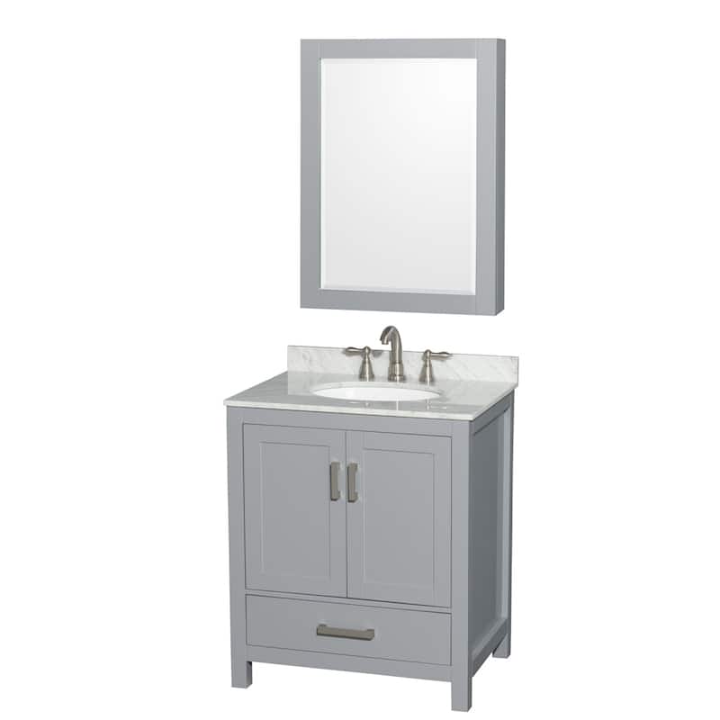 Wyndham Collection Sheffield Single Vanity Set, Medicine Cabinet - 30-Inch Single - Gray, White Carrara Marble Top, Chrome Trim