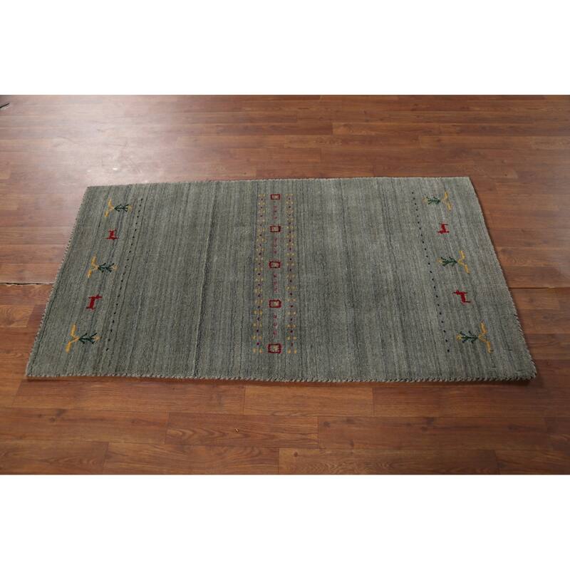 Grays & Green Striped Gabbeh Indian Rug Hand-Knotted Wool Carpet - 2'7"x 4'9"