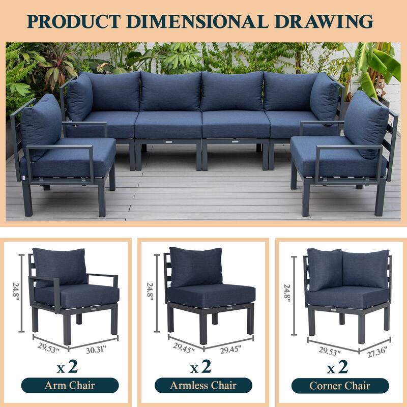 Chelsea 6-Piece Outdoor Patio Sectional Set in Black Aluminum with Removable Cushions for Backyard Garden and Patio Deck