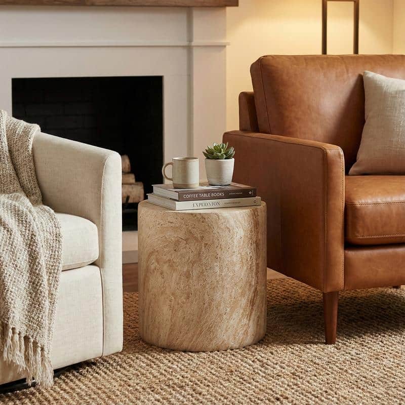 Vintara Modern Cylindrical Round Fiberstone Side Table with Brushed Finish for Living Rooms, Bedrooms, Patios, Balconies