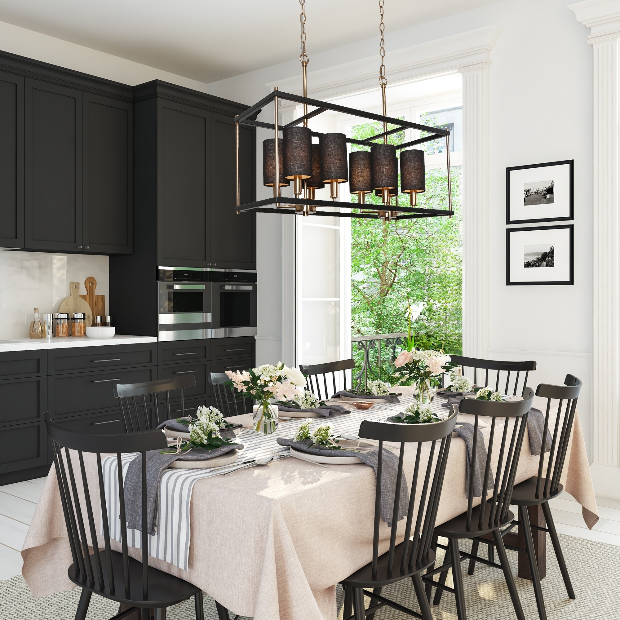 Zigger 8-light Modern Linear Chandelier Metal Dining Room Pendant with Removable Fabric Shade - L 26" x W 10.5" x H 82.5"