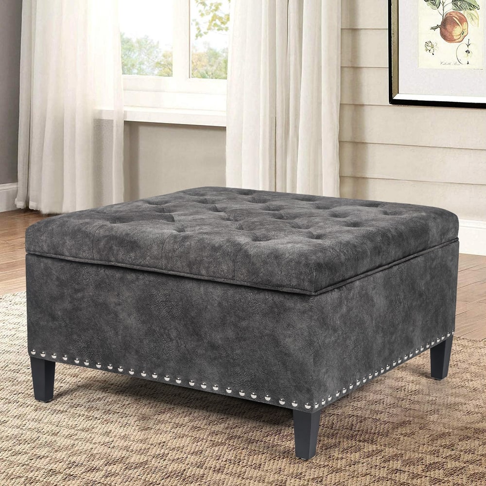 Adeco Large Square Footstool Fabric Storage Ottoman Bench